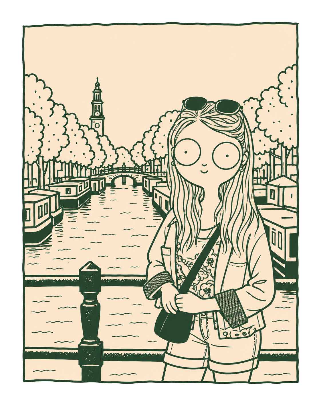 Illustration of Arwen standing on a canal bridge, trees and houseboats behind her